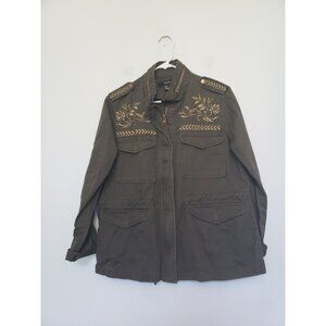 Forever 21 Womens L Jacket Green Full Zip Metallic Embroidery Military Style